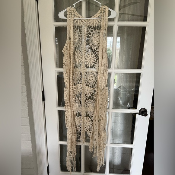 Ultra Pink Floral Crochet Lace Longline Vest Ivory Boho Festival Hippie Sz M - Picture 2 of 7